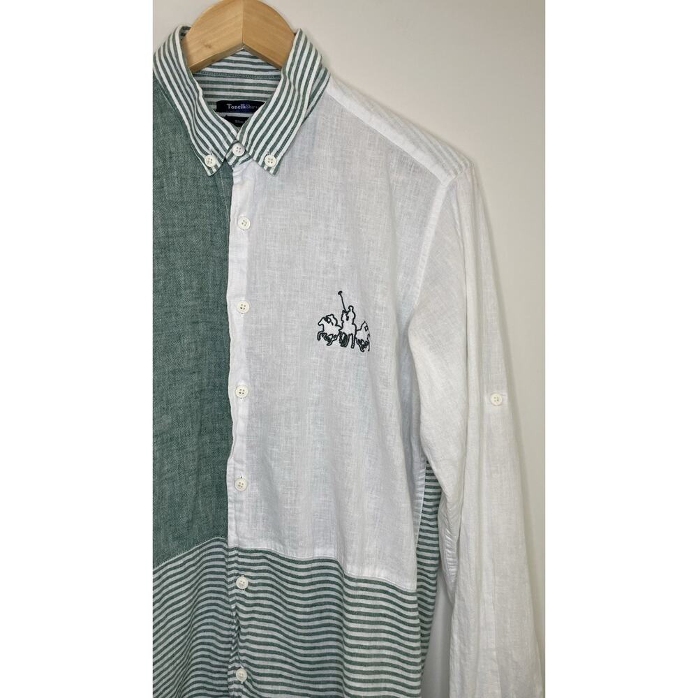 Tonelli Shirts Slim Fit Linen Preppy Coastal Striped Beach Roll Tab XL 43/44 - Picture 2 of 9